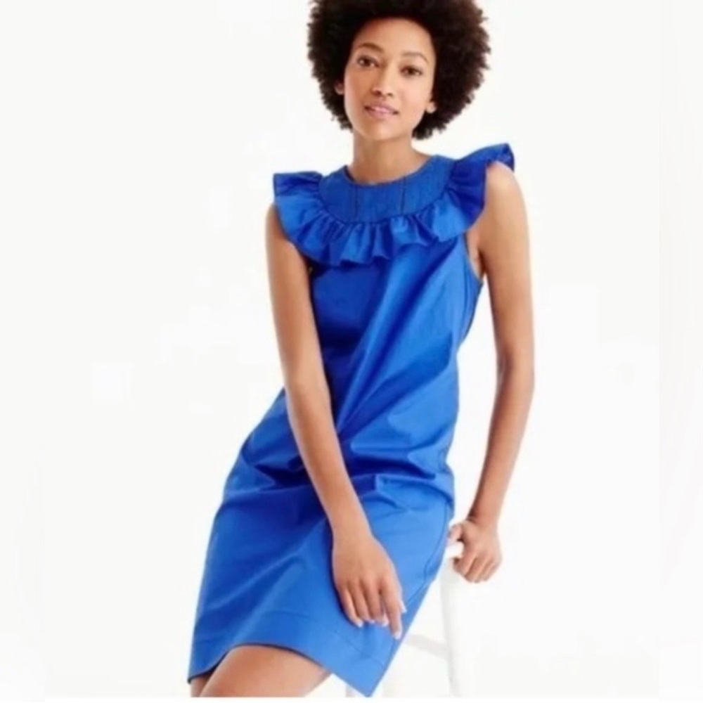J.Crew Ruffle Neck Shift Dress Blue Size 0 NWT Sleeveless Cotton Poplin preppy